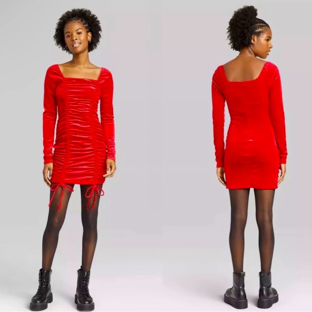 Women's Long Sleeve Ruched Velvet Bodycon Dress - Wild Fable - Red Large